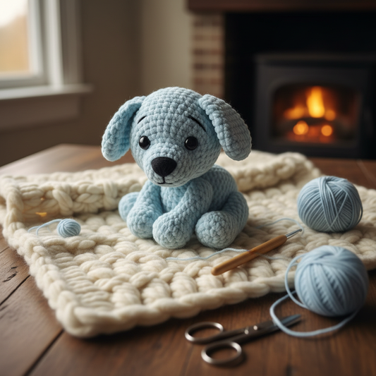 Crochet teddy dog in blue