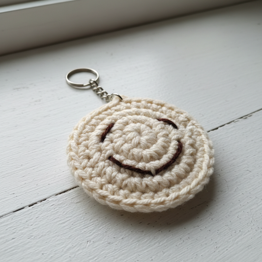Crochet happy face keyring close up