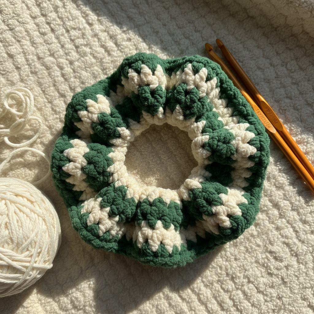 Chunky crochet scrunchie in forest green and cream