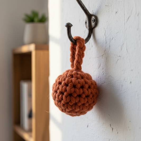Terracotta crochet keyring hanging on a hook