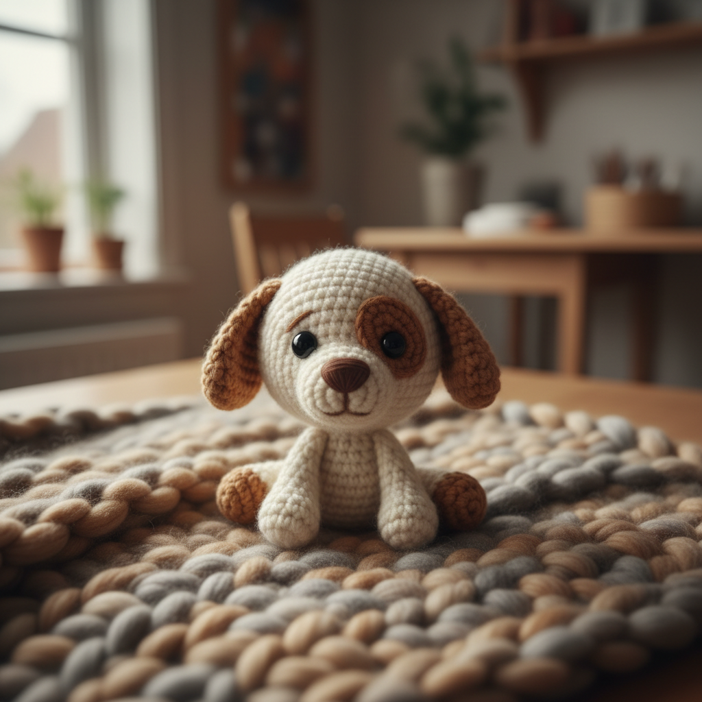 Crochet teddy dog in cream and brown