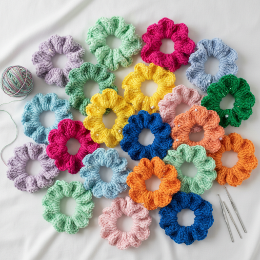 Colourful handmade crochet scrunchies flatlay