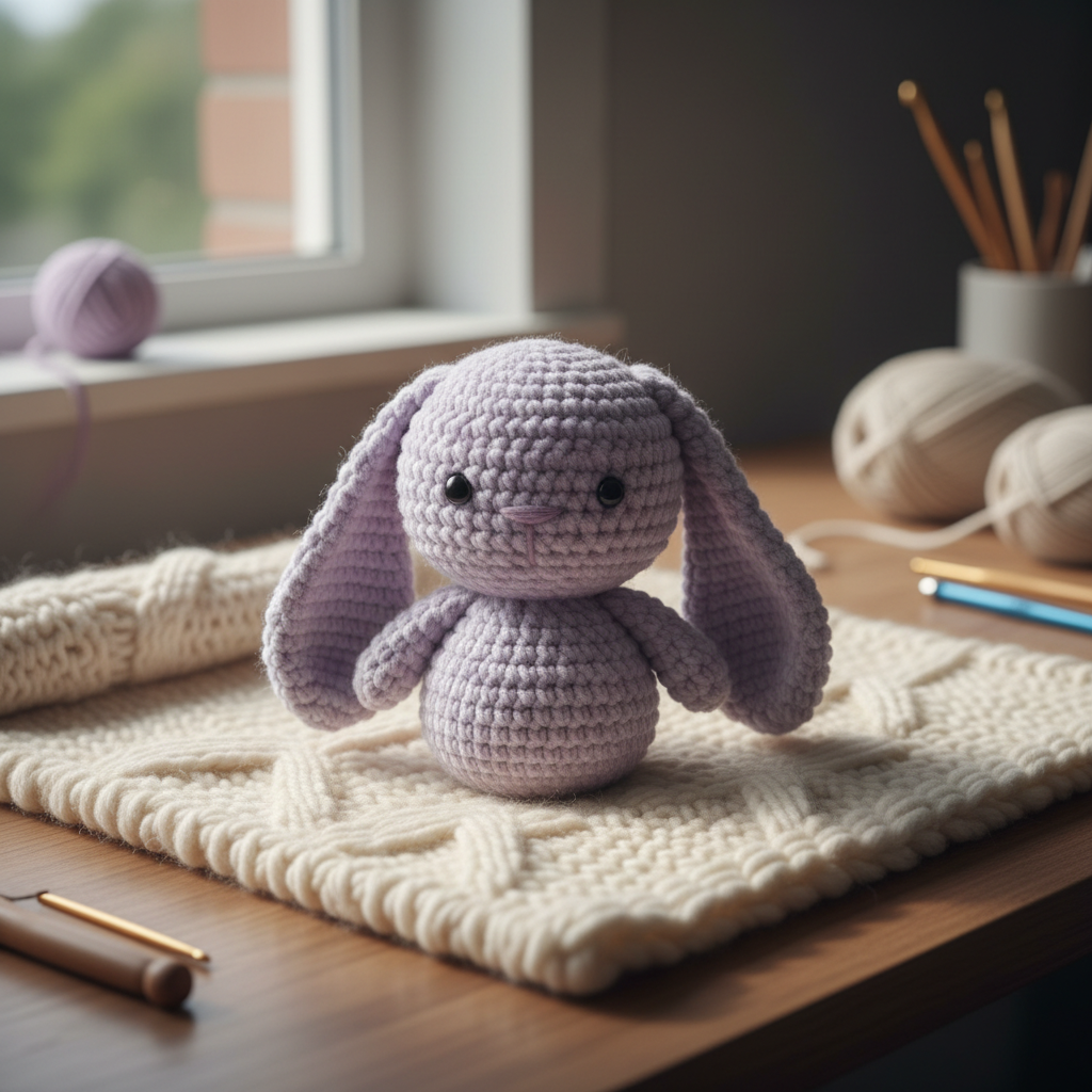 Handmade crochet teddy bunny in lilac