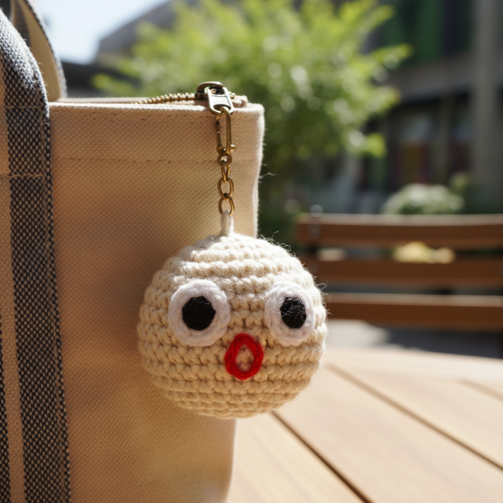 Crochet surprised face keyring on a bag