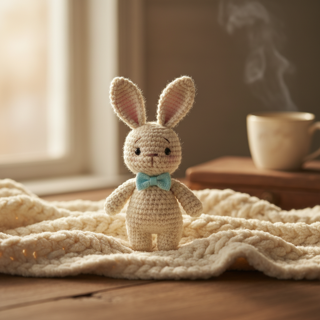 Handmade crochet teddy bunny on a cream knitted blanket