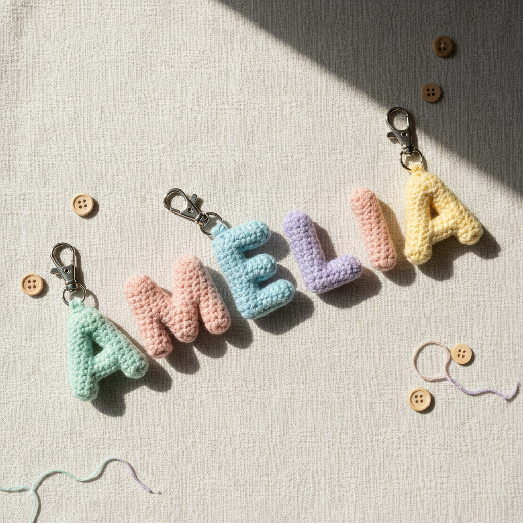 Handmade crochet letter keyrings spelling out a name