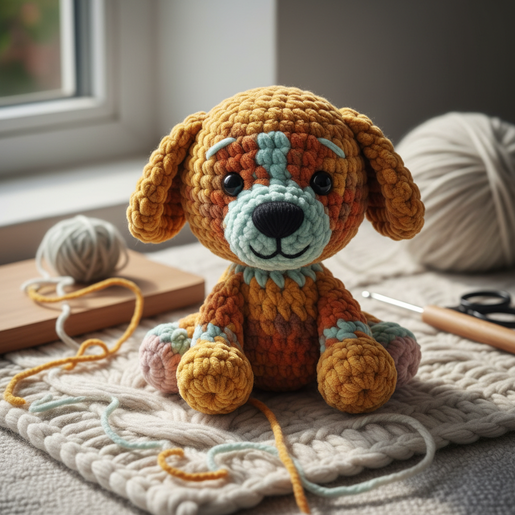 Handmade crochet teddy dog in warm earthy tones