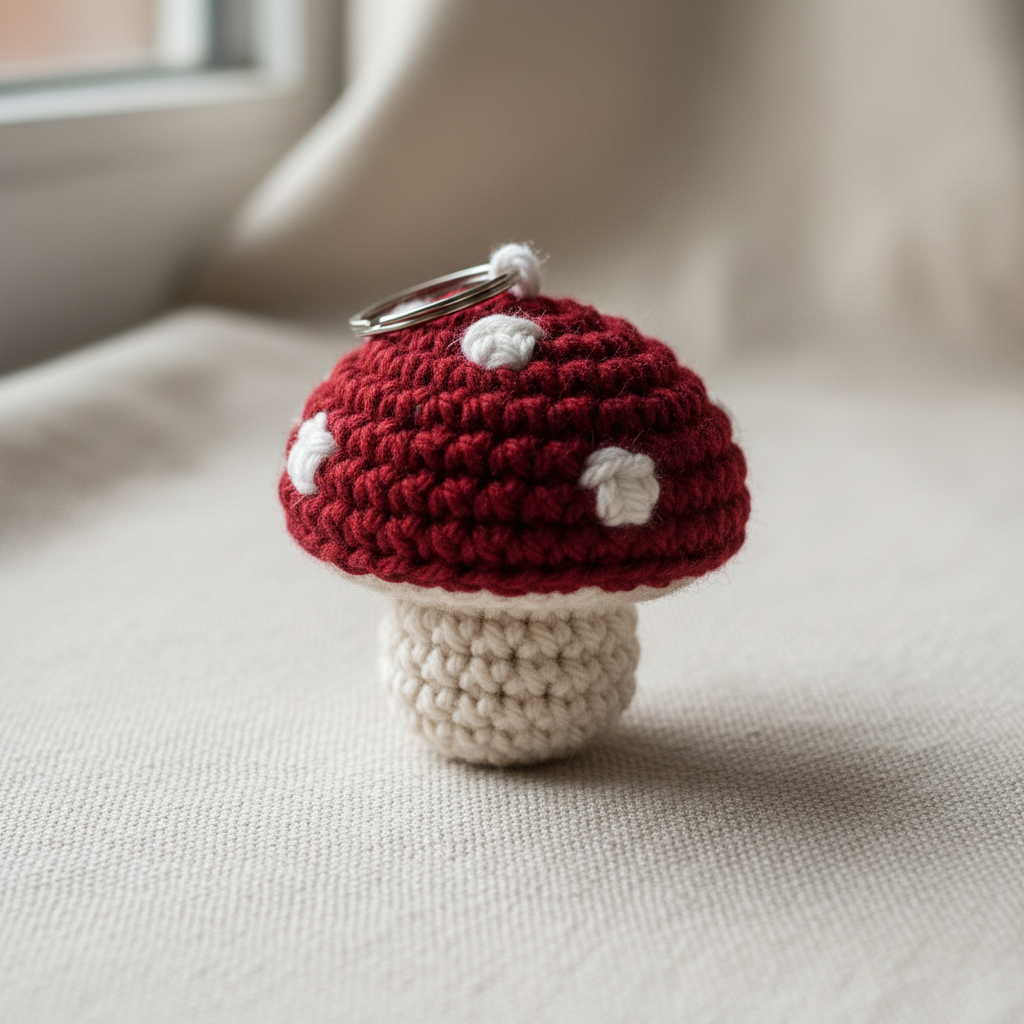 Handmade crochet mushroom keyring
