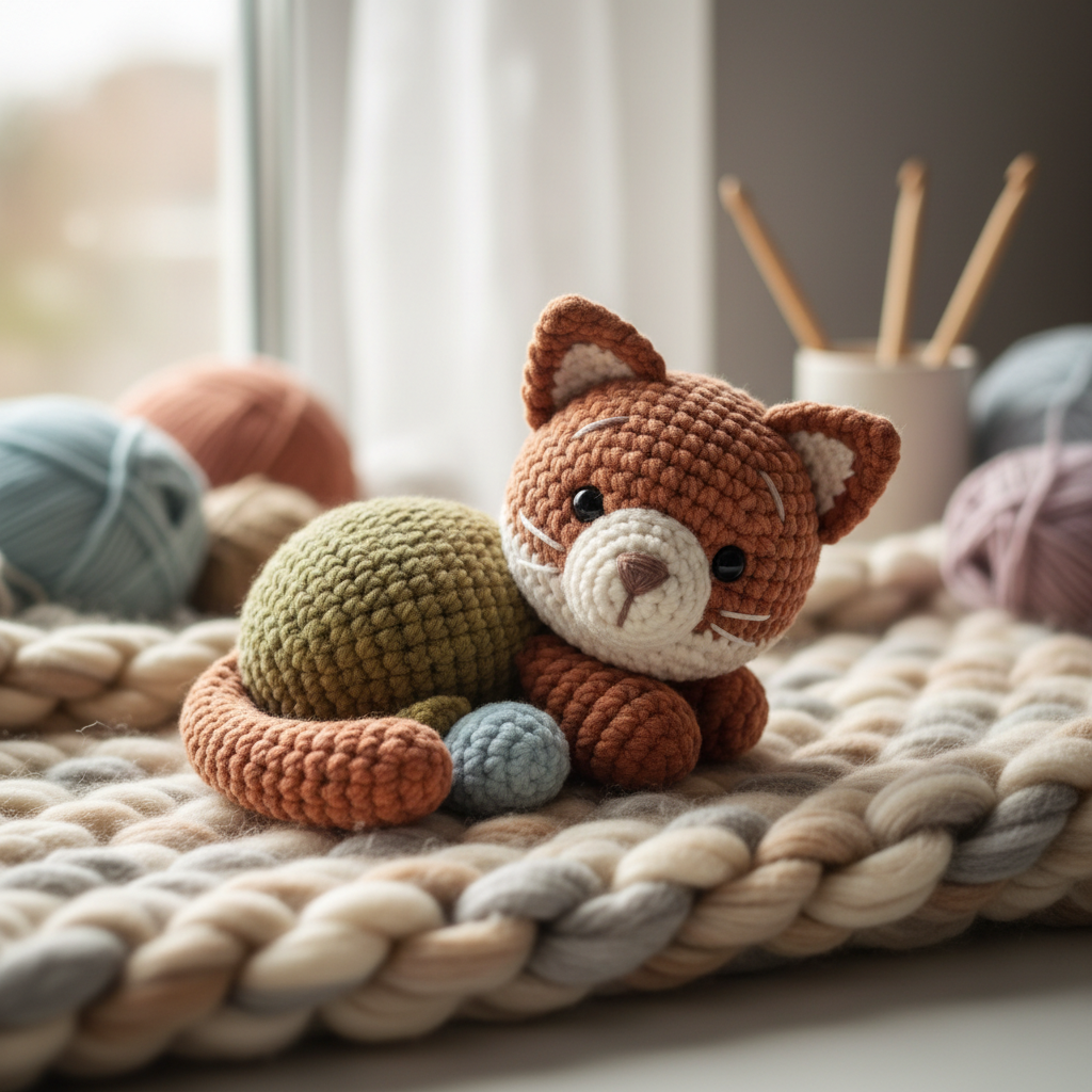 Handmade crochet teddy cat in earthy tones