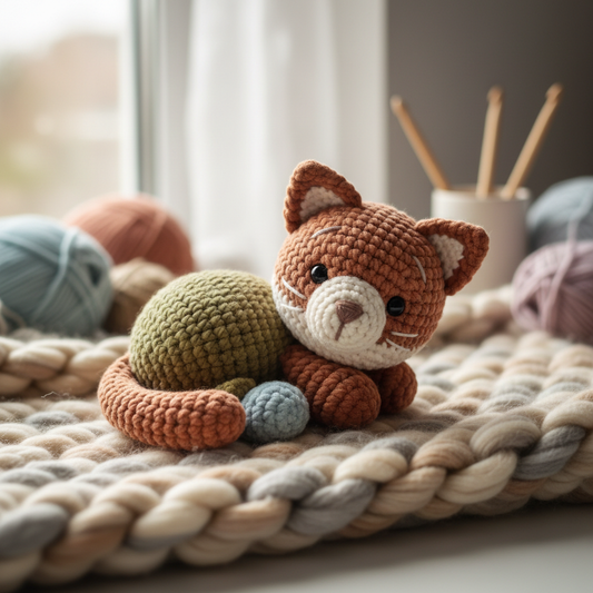 Handmade crochet teddy cat in earthy tones