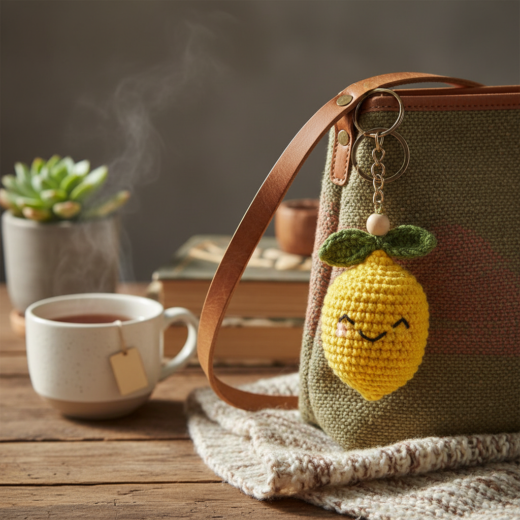 Handmade crochet lemon keyring on a bag