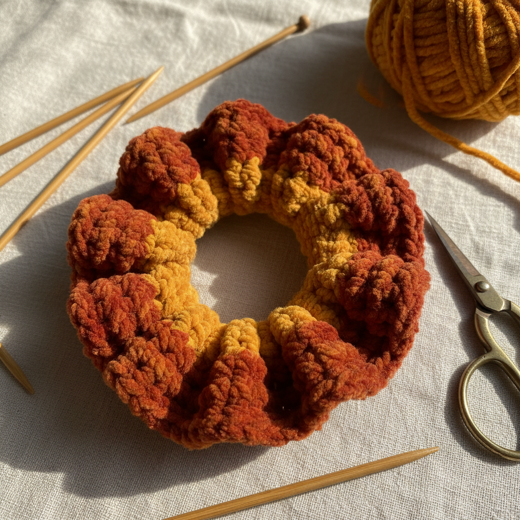 Chunky crochet scrunchie in autumnal burnt orange, mustard and rust