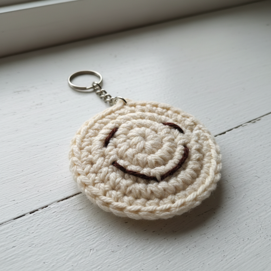 Crochet happy face keyring close up