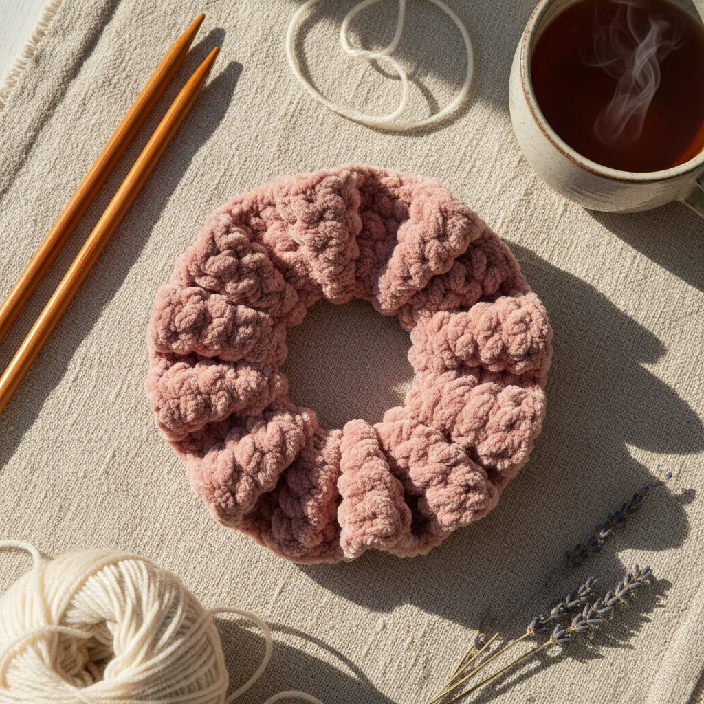 Chunky crochet scrunchie in plain dusty rose pink