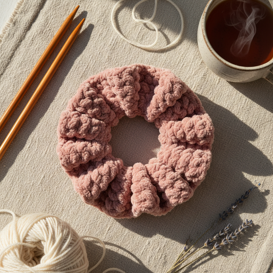 Chunky crochet scrunchie in plain dusty rose pink