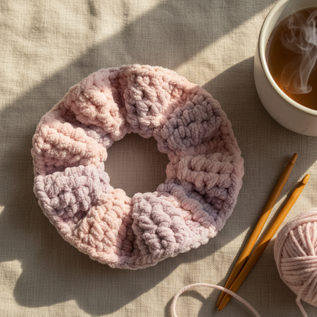 Chunky crochet scrunchie in pastel pink and lilac