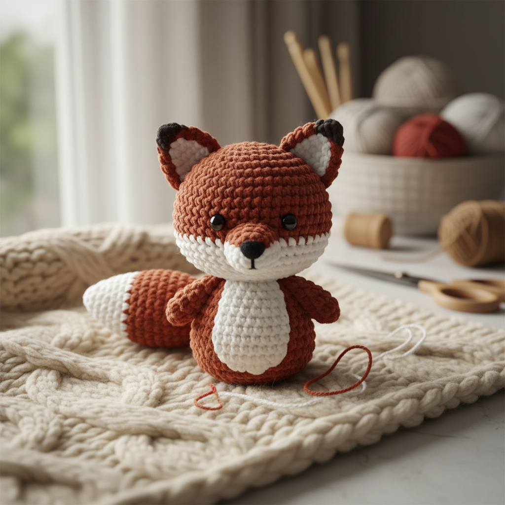 Handmade crochet teddy fox in rusty red and white