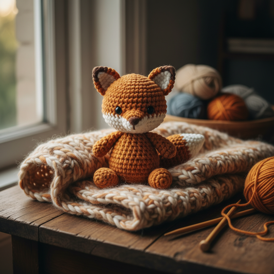 Handmade crochet teddy fox in orange and cream