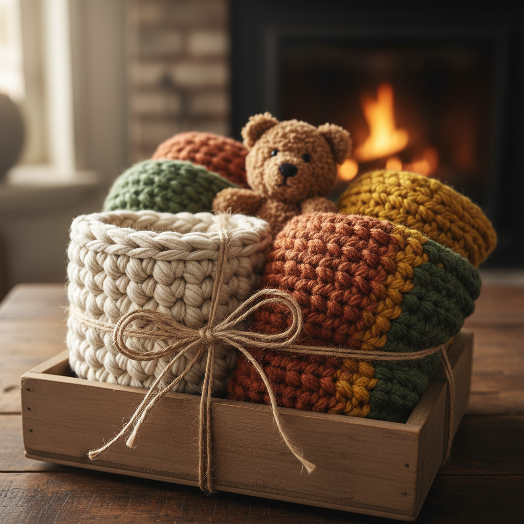 Handmade crochet gift set tied with twine
