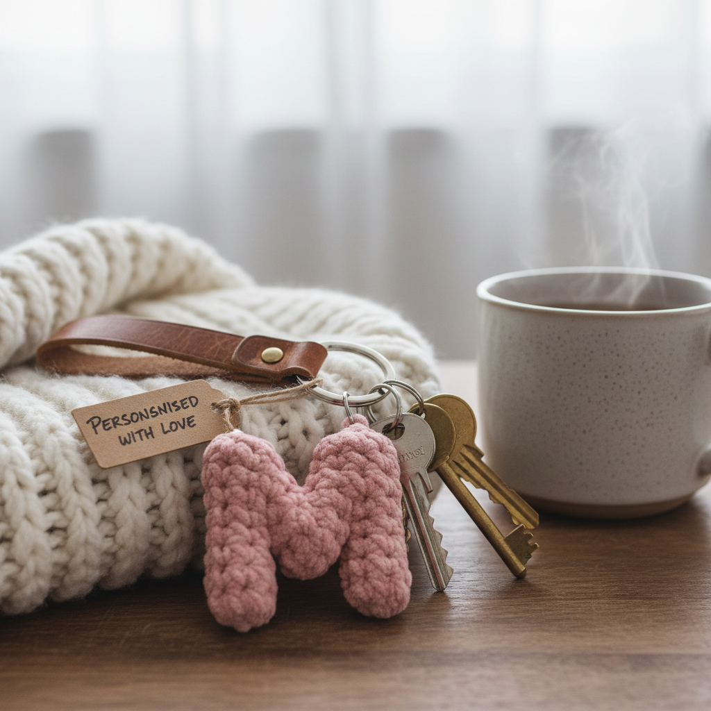 Handmade crochet letter M keyring on keys