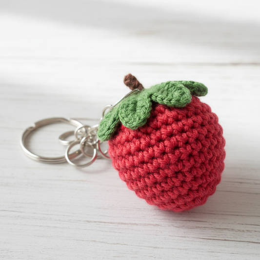 Handmade crochet strawberry keyring close up