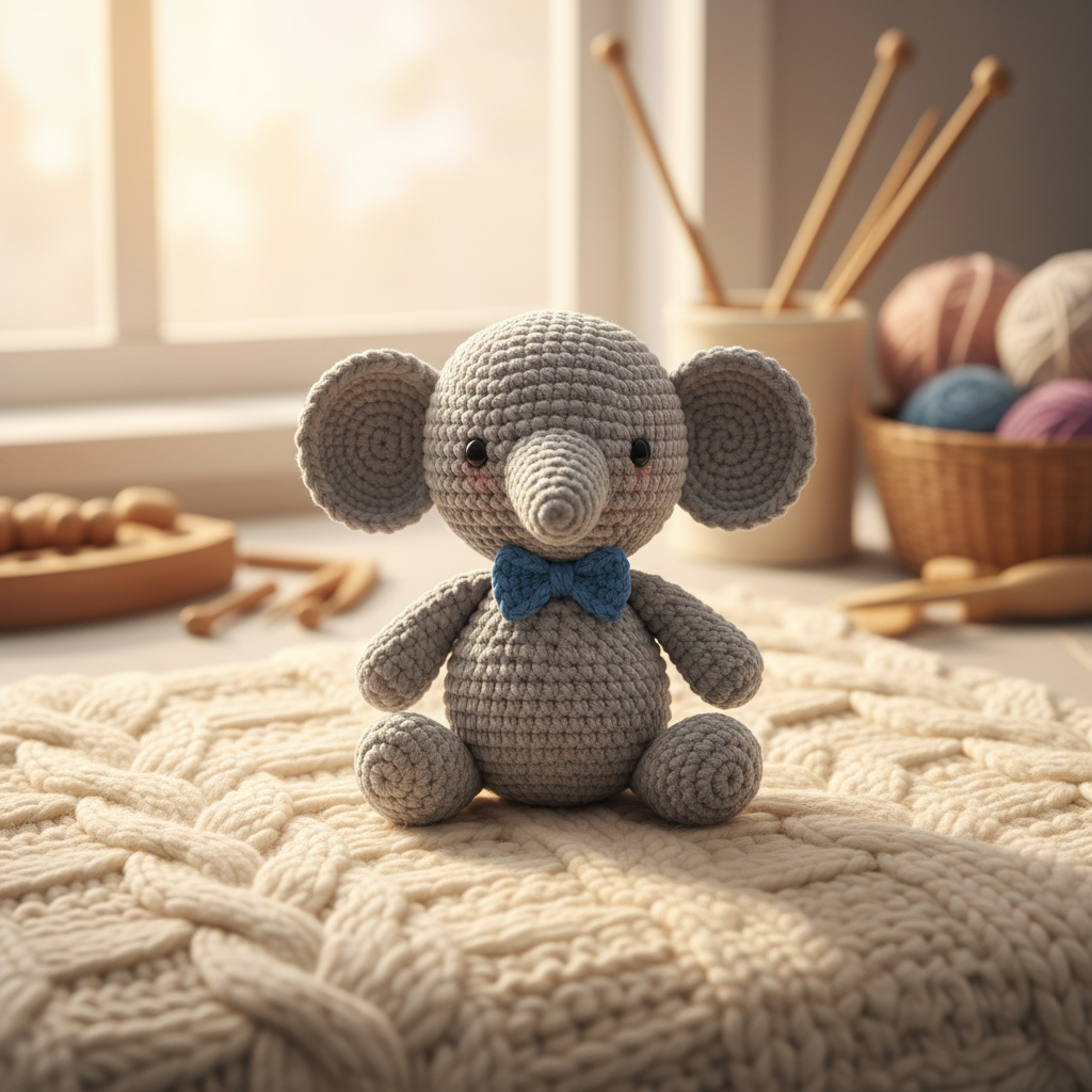 Handmade crochet teddy elephant on a cream knitted blanket