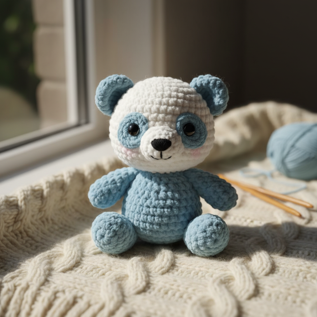Handmade crochet teddy panda in blue and white