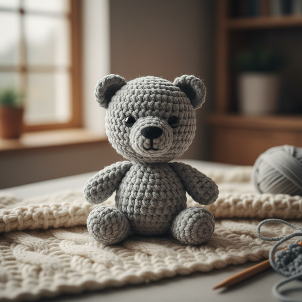Handmade crochet teddy bear in grey
