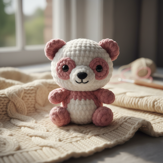 Handmade crochet teddy panda in pink and white