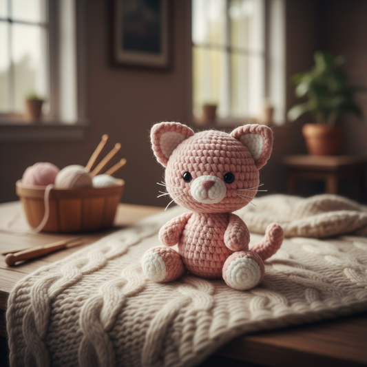 Handmade crochet teddy cat in pink