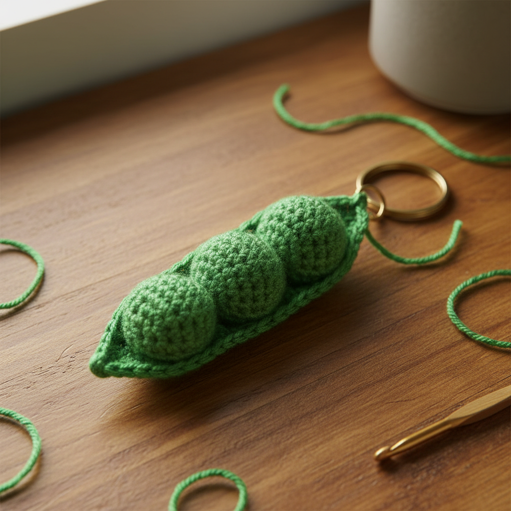 Handmade crochet pea pod keyring