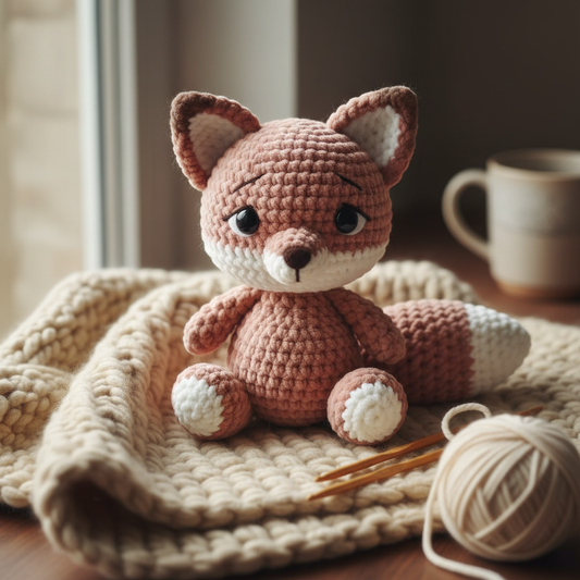 Handmade crochet teddy fox in pink and cream