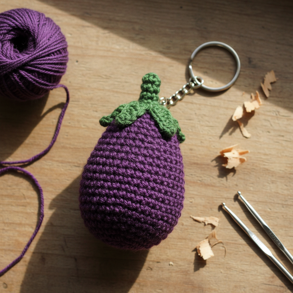 Handmade crochet aubergine keyring