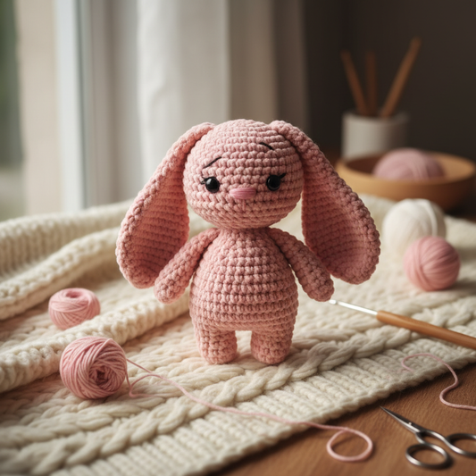 Handmade crochet teddy bunny in pink