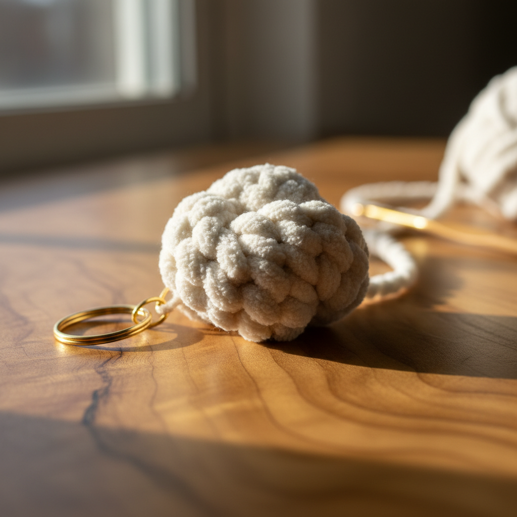 Cream chunky crochet keyring close up detail