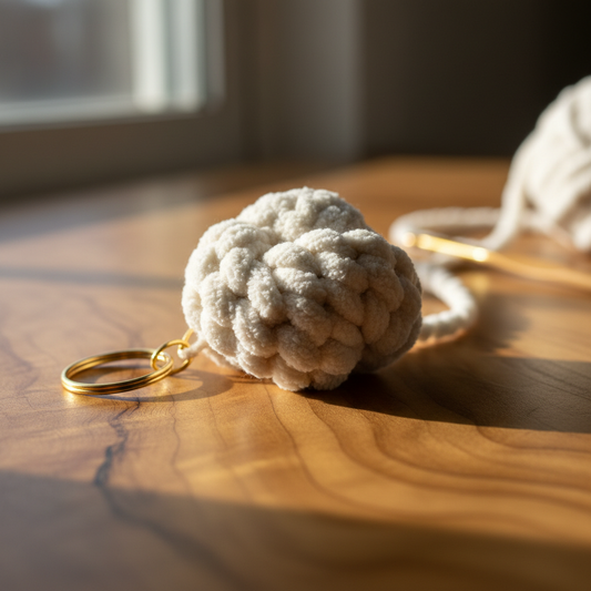 Cream chunky crochet keyring close up detail