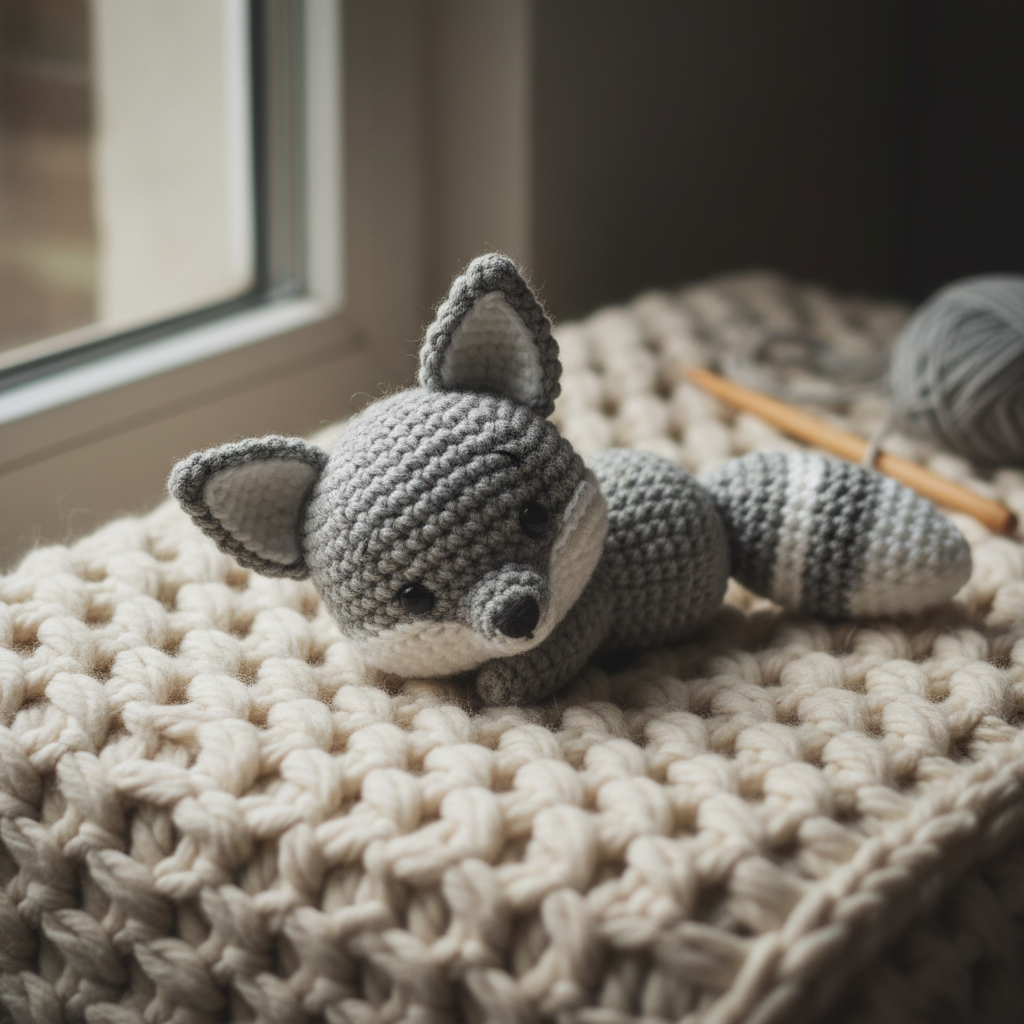 Handmade crochet teddy fox in grey and white