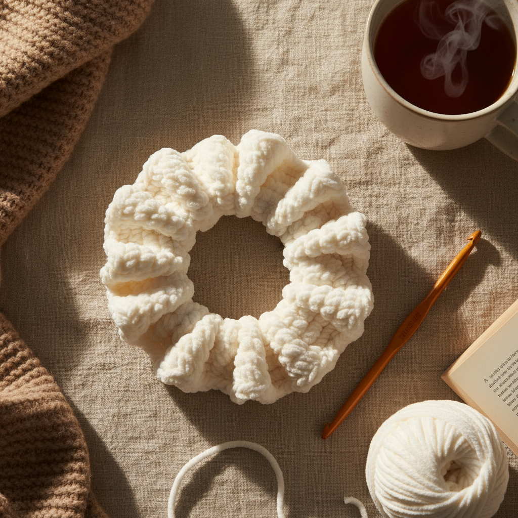 Chunky crochet scrunchie in plain cream white