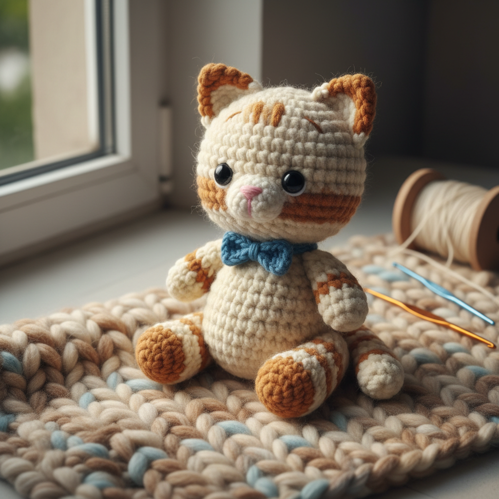 Handmade crochet teddy cat in cream and ginger