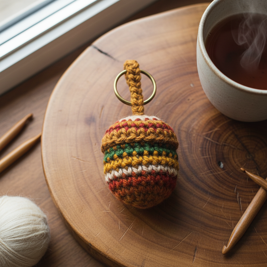 Chunky handmade crochet keyring in warm earthy tones