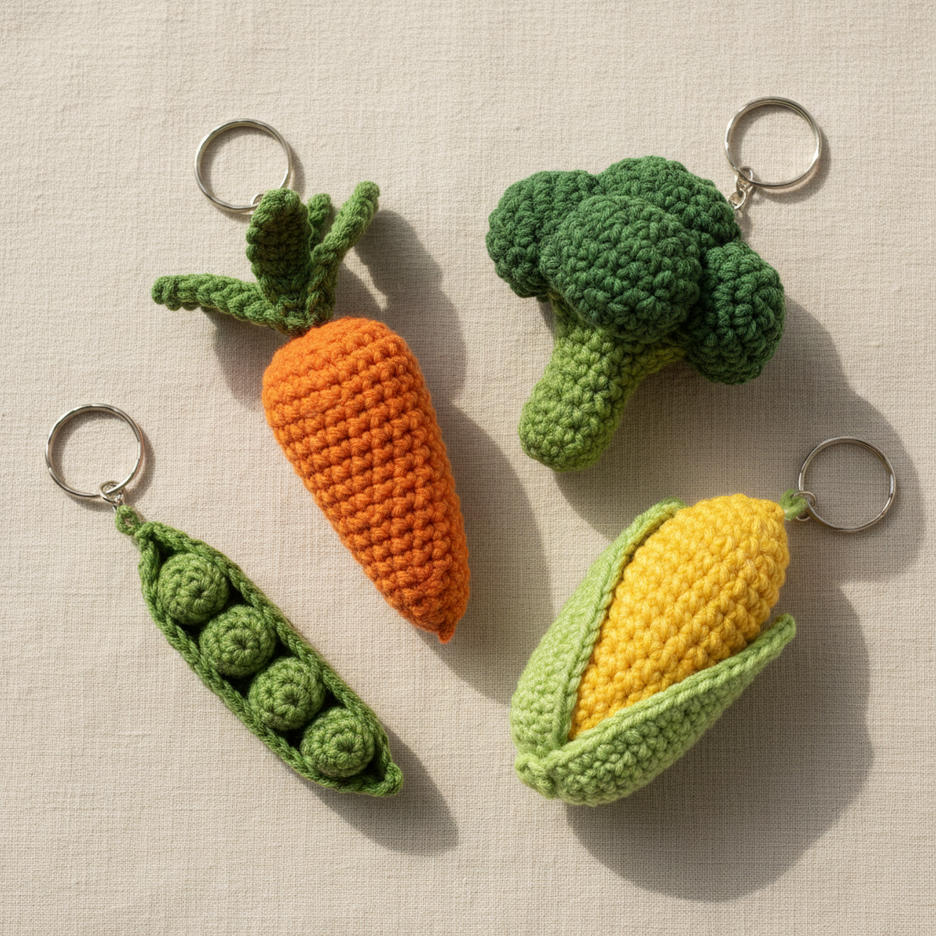 Collection of handmade crochet vegetable keyrings