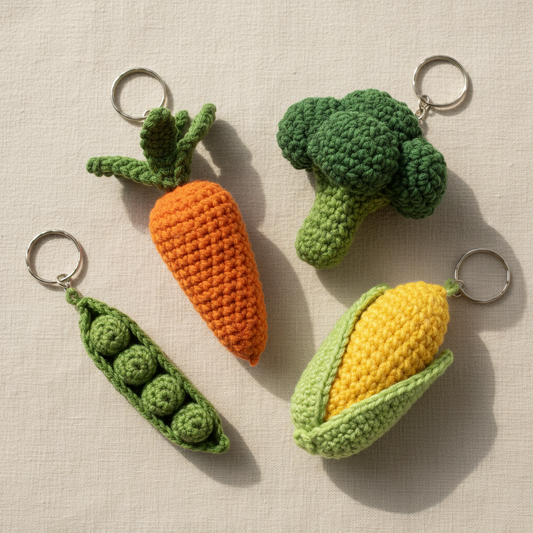 Collection of handmade crochet vegetable keyrings