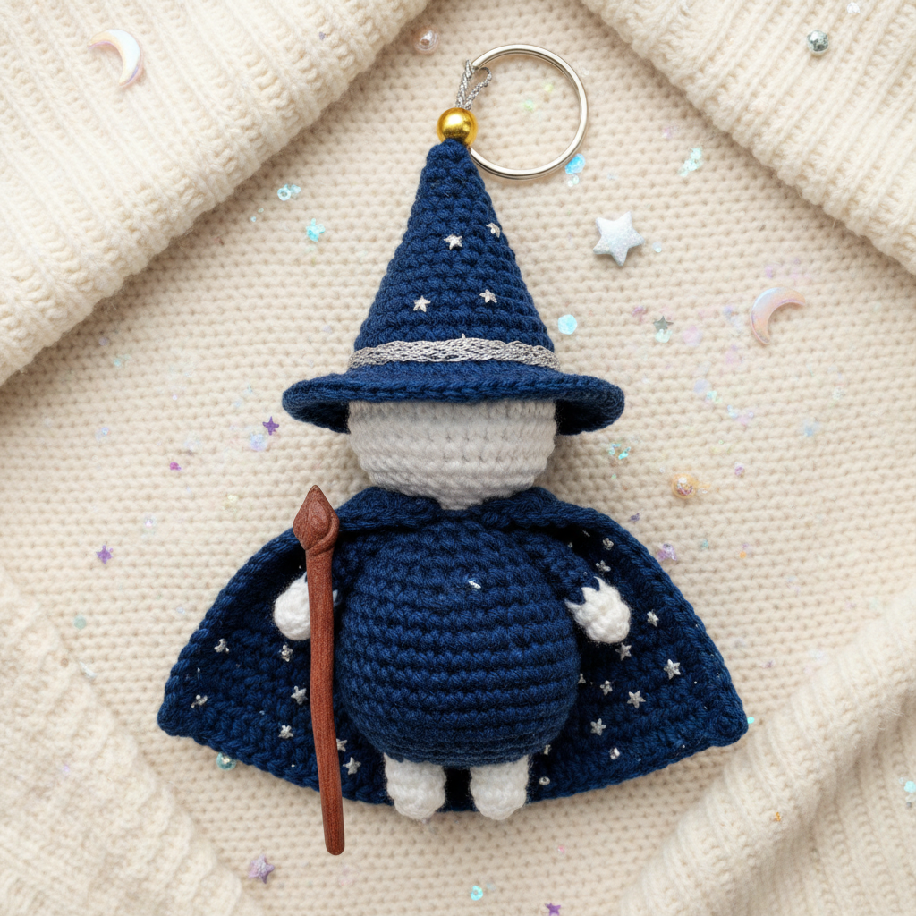 Handmade crochet wizard keyring