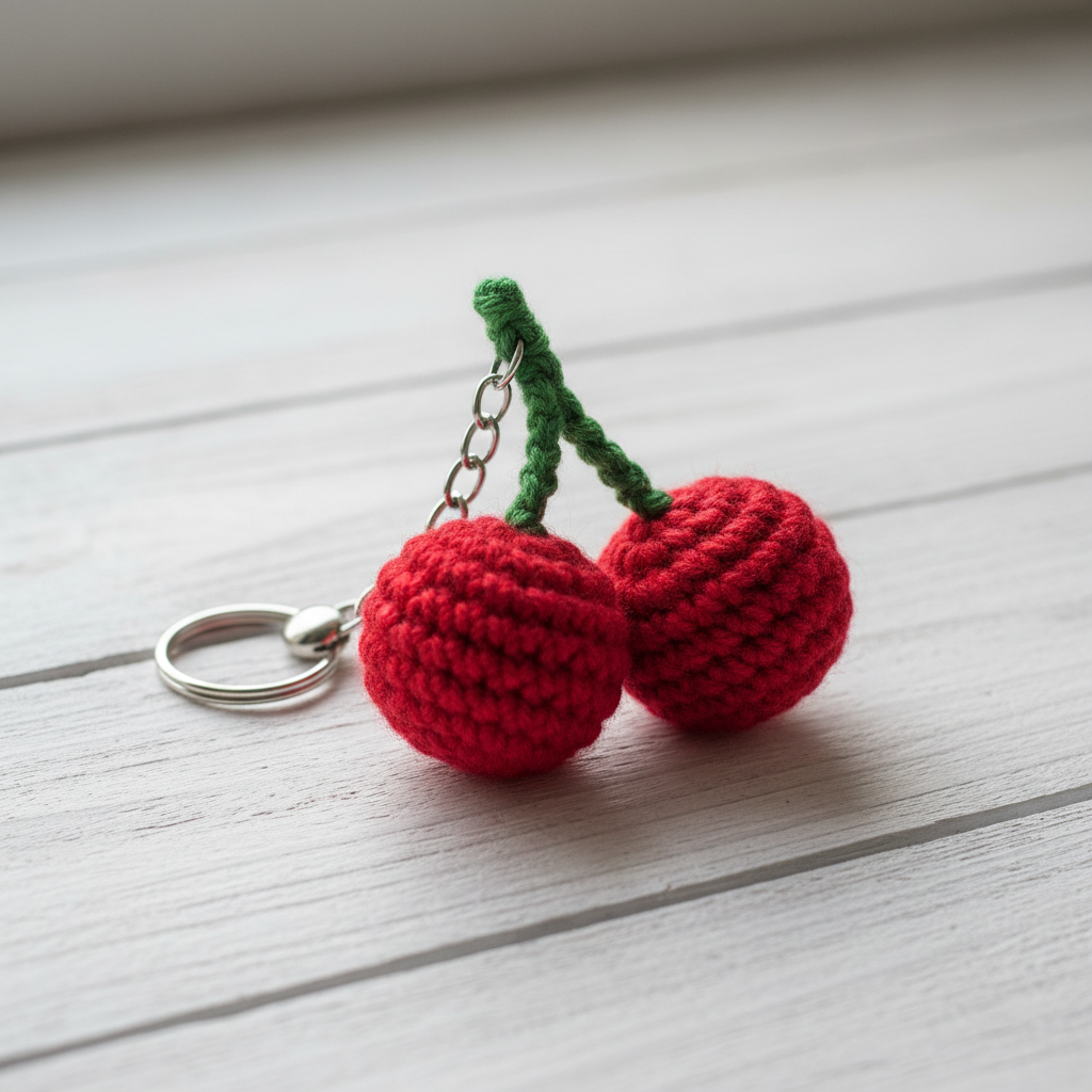 Handmade crochet cherry keyring