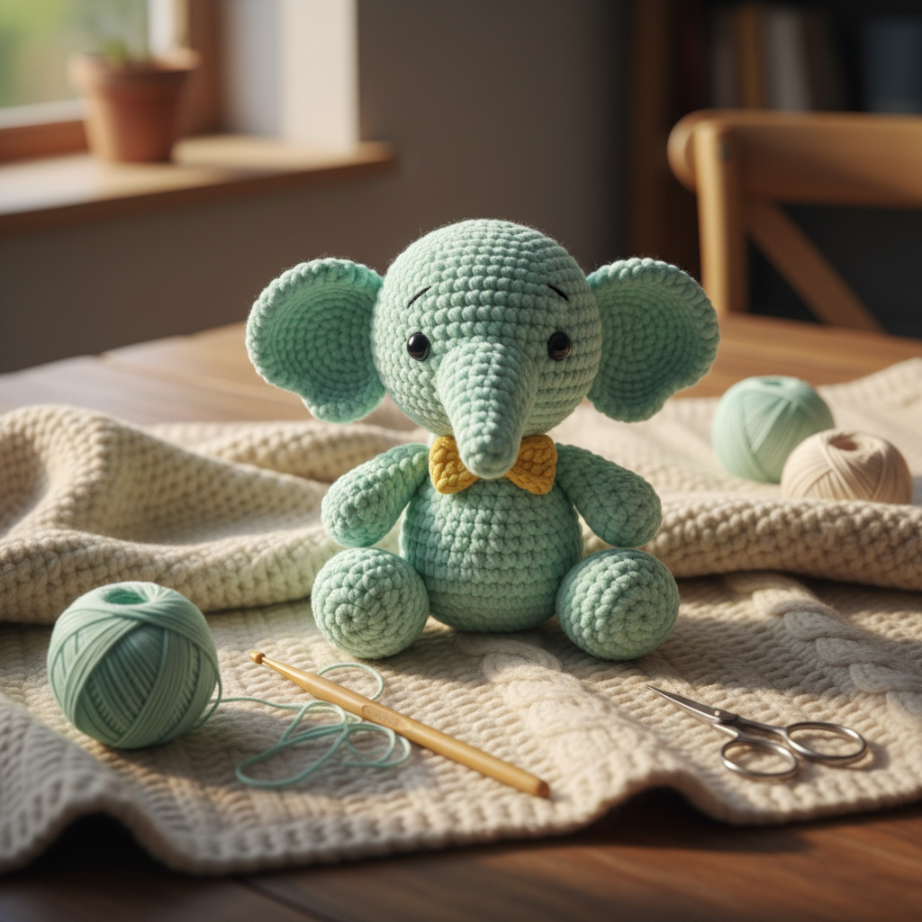 Handmade crochet teddy elephant in mint green