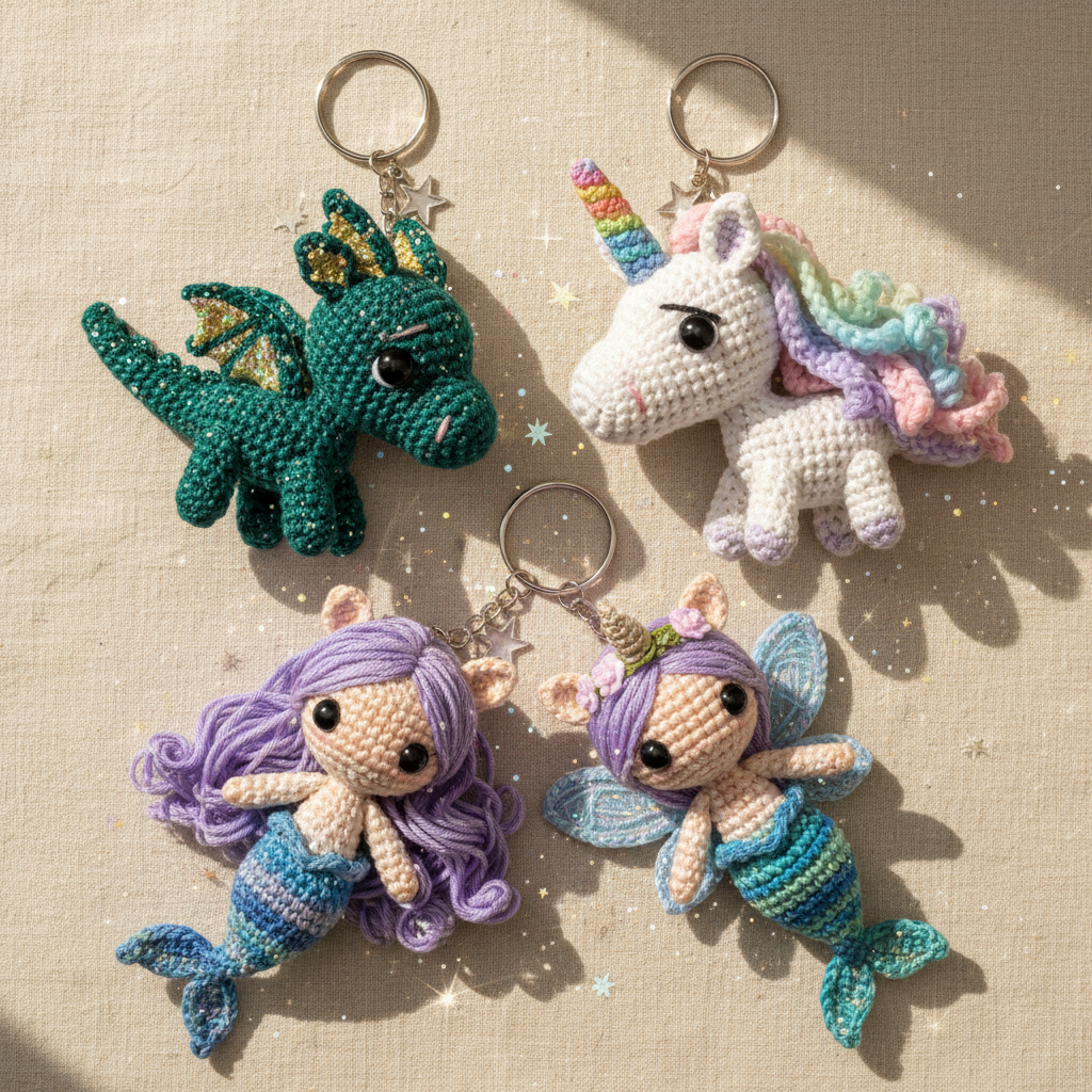 Collection of handmade crochet fantasy creature keyrings