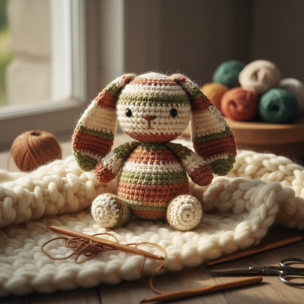 Handmade crochet teddy bunny in earthy tones