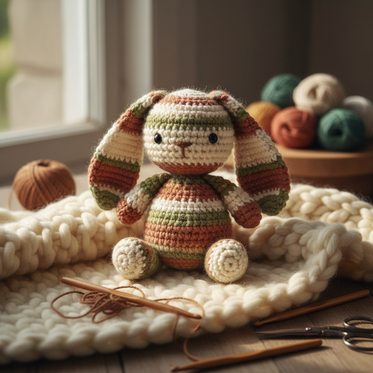 Handmade crochet teddy bunny in earthy tones