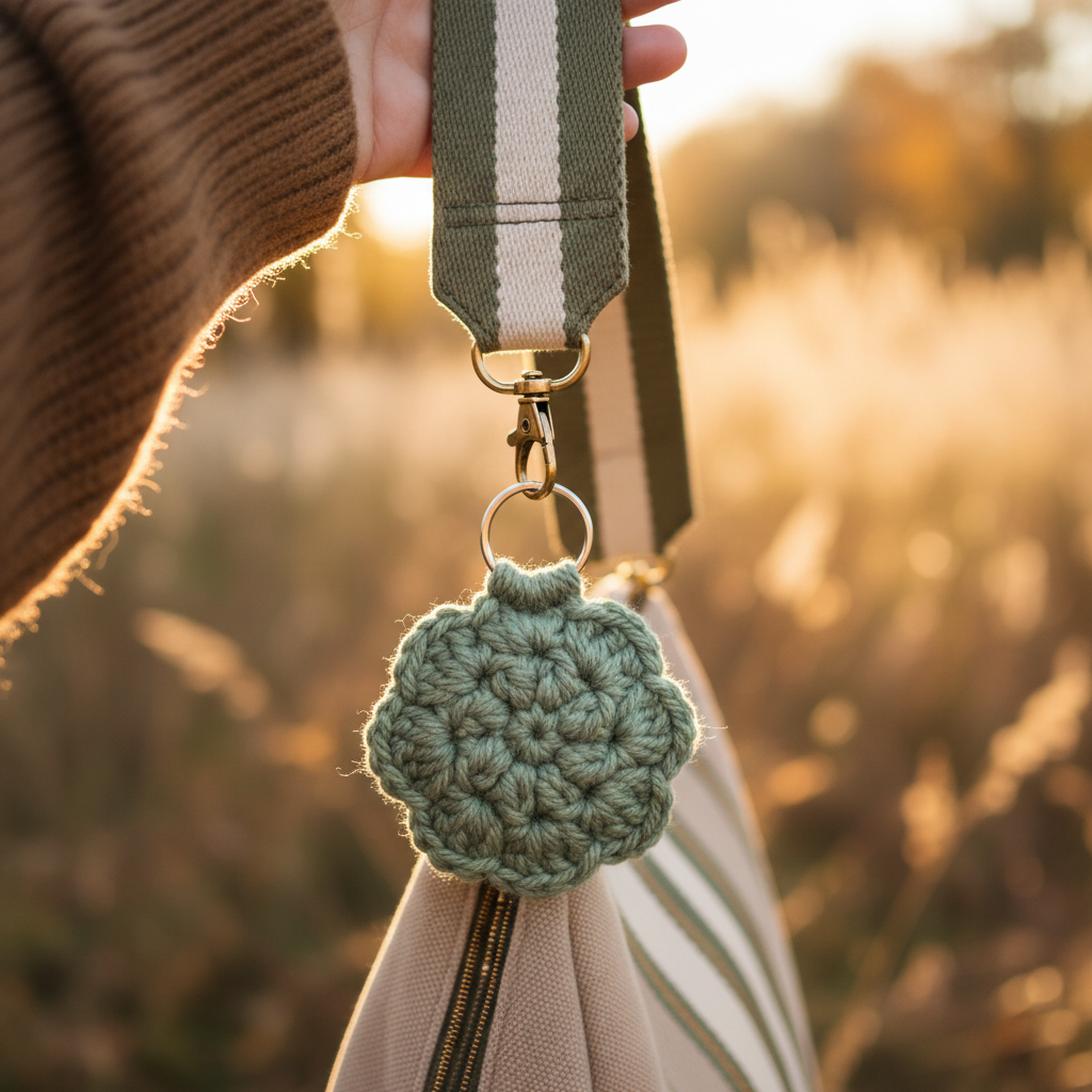 Sage green crochet keyring on a handbag strap
