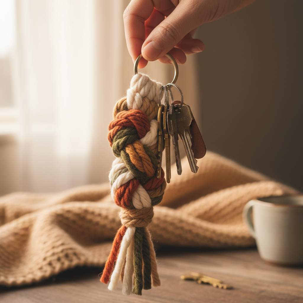 Handmade crochet keyring on keys lifestyle shot